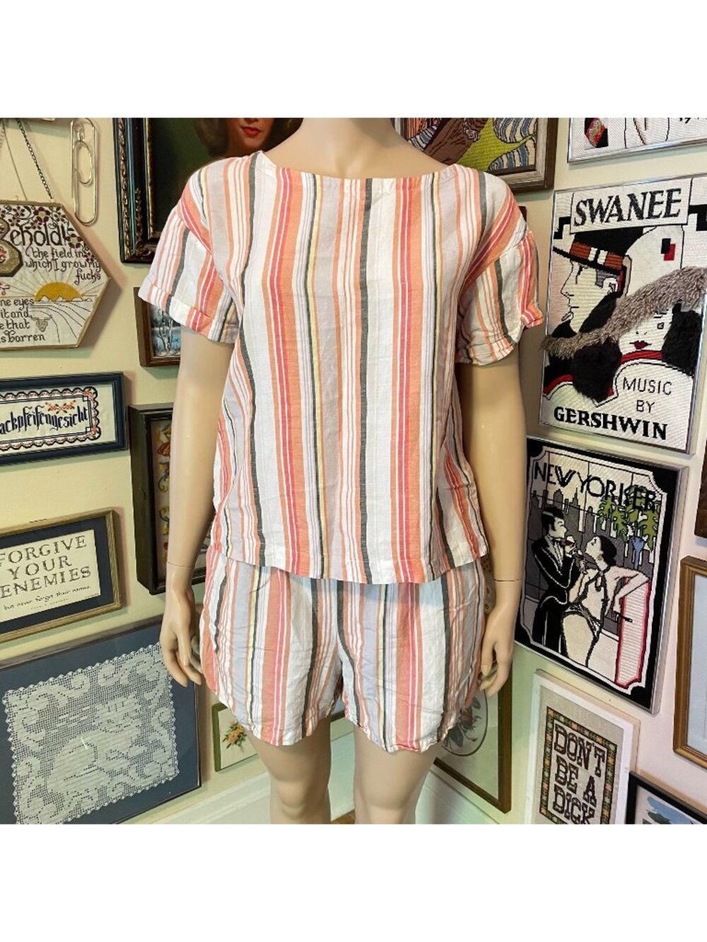 A New Day Womens Linen-Blend Striped Two-Piece Loungewear Set XXL Multicolor